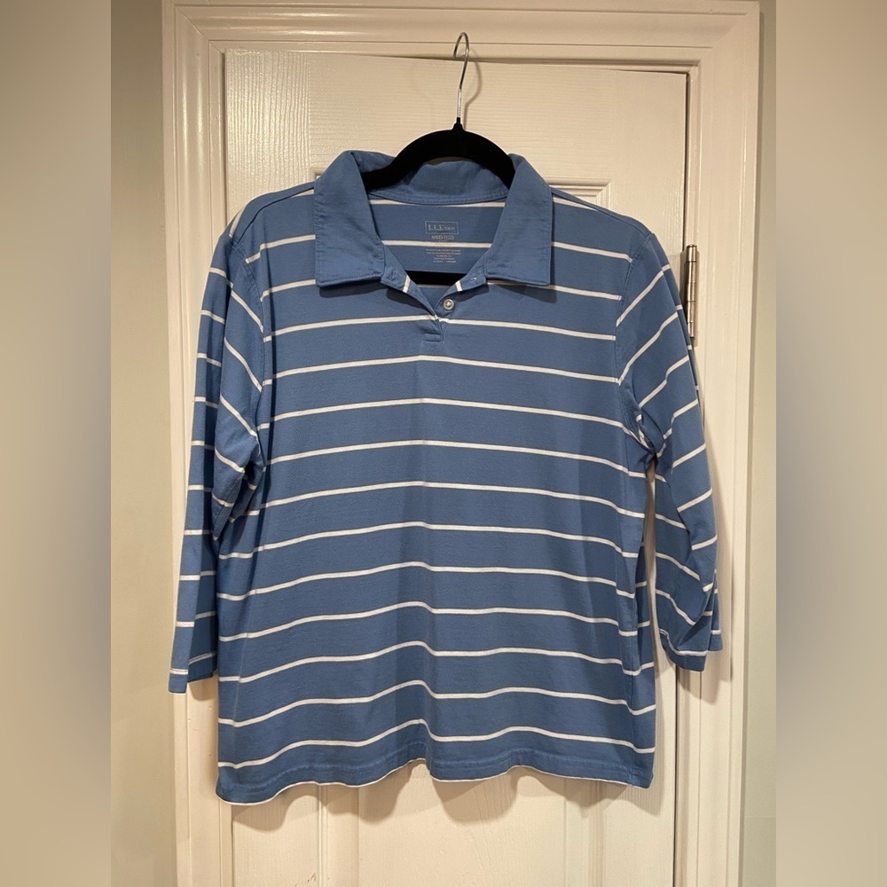 L.L. Bean Size M Blue White Stripe 3/4 Sleeve Collared Polo Shirt